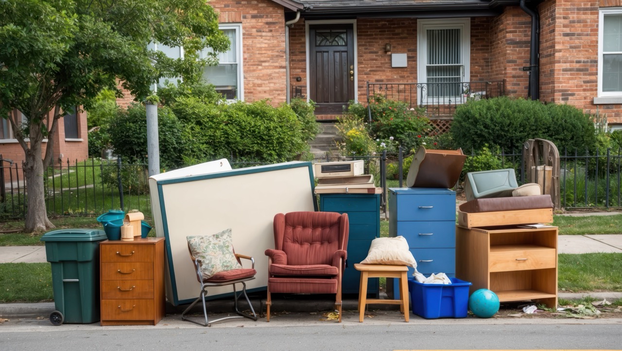 Household furniture and unwanted items grouped outside a home