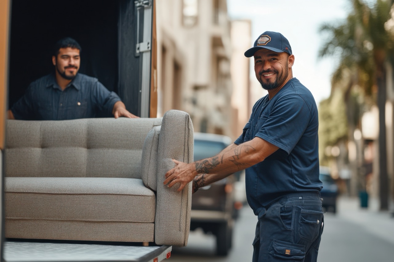 Removal workers handling a sofa at a truck