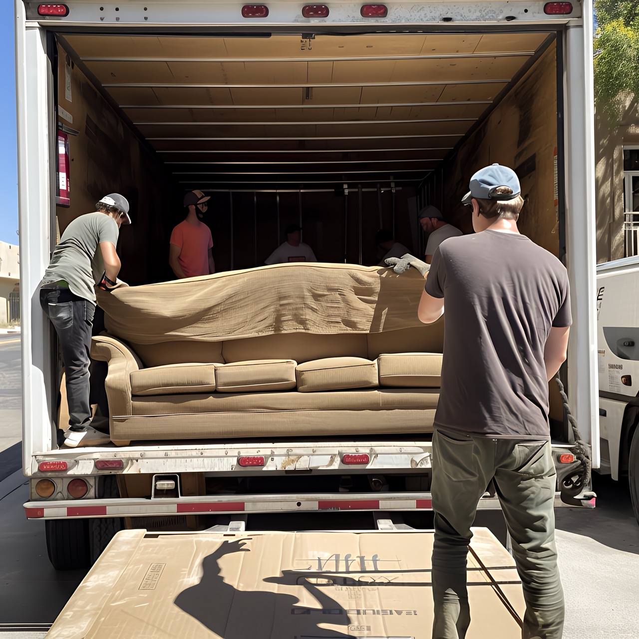Removal workers loading a sofa into a truck